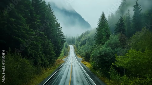 The camera flies over a deserted asphalt road in a dense forest