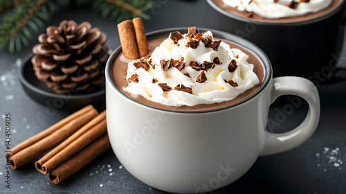 Warm Cocoa Drink with Whipped Cream and Cinnamon Sticks