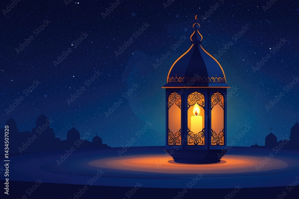 Ornate lantern glows under a starry night sky, illuminating a peaceful cityscape with mosques in the distance. Ornate lantern glows under a starry night sky, illuminating a peaceful cityscape with mosques in the distance.