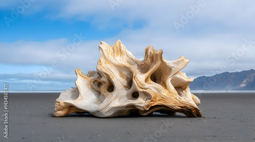 Obraz na płótnie Weathered Driftwood on a Dark Sand Beach near the Ocean w salonie
