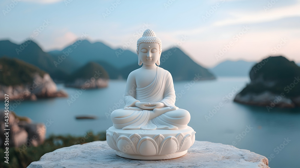 White Buddha Statue Overlooking Serene Ocean and Mountains