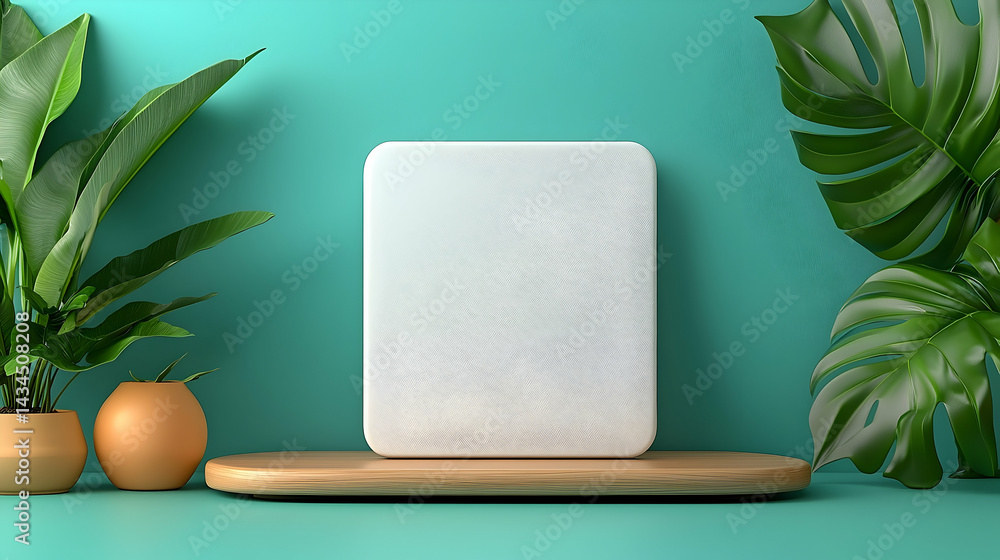 White Book Cover Mockup on Wooden Desk with Teal Background and Tropical Plants
