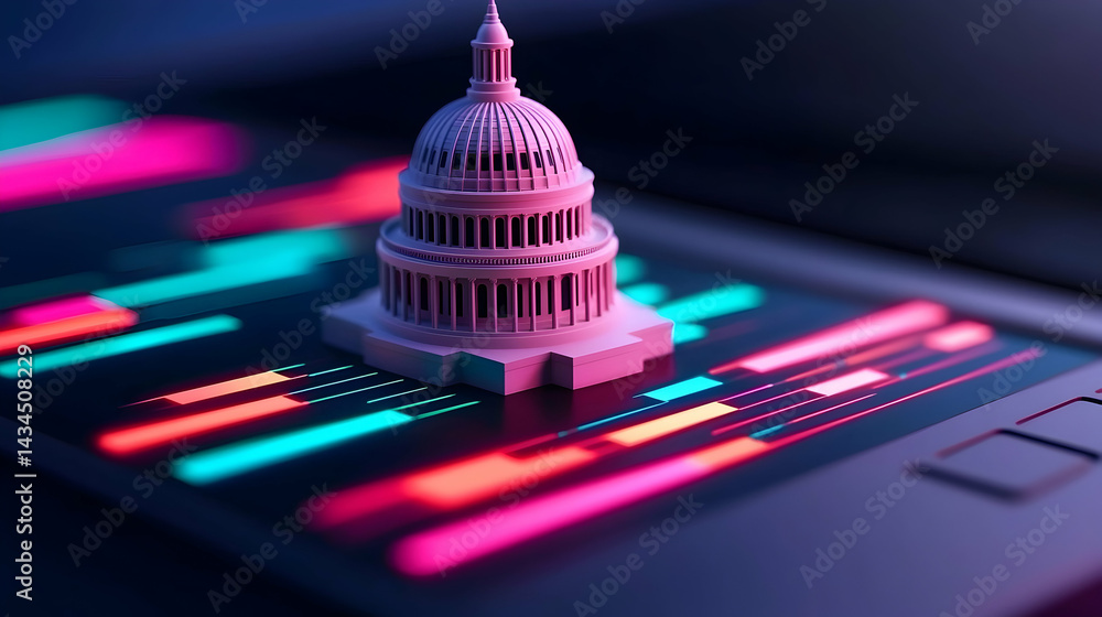 White Capitol Building Model on a Vibrant Digital Screen