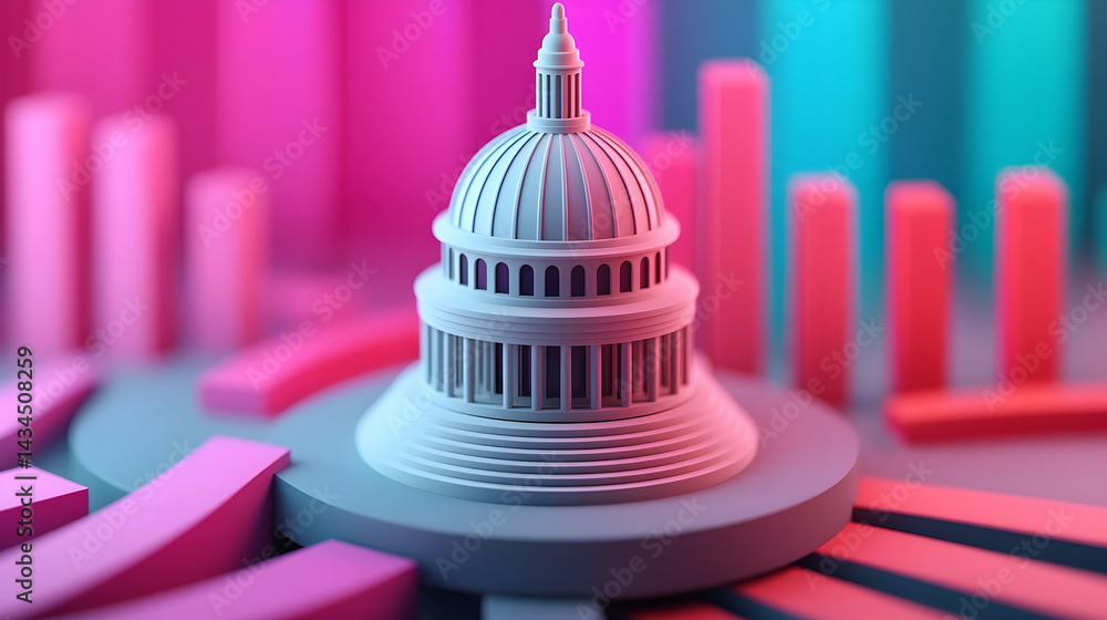 White Capitol Building Model with Neon Geometric Background
