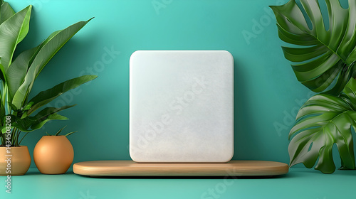 Obraz na płótnie White Book Cover Mockup on Wooden Desk with Teal Background and Tropical Plants w salonie