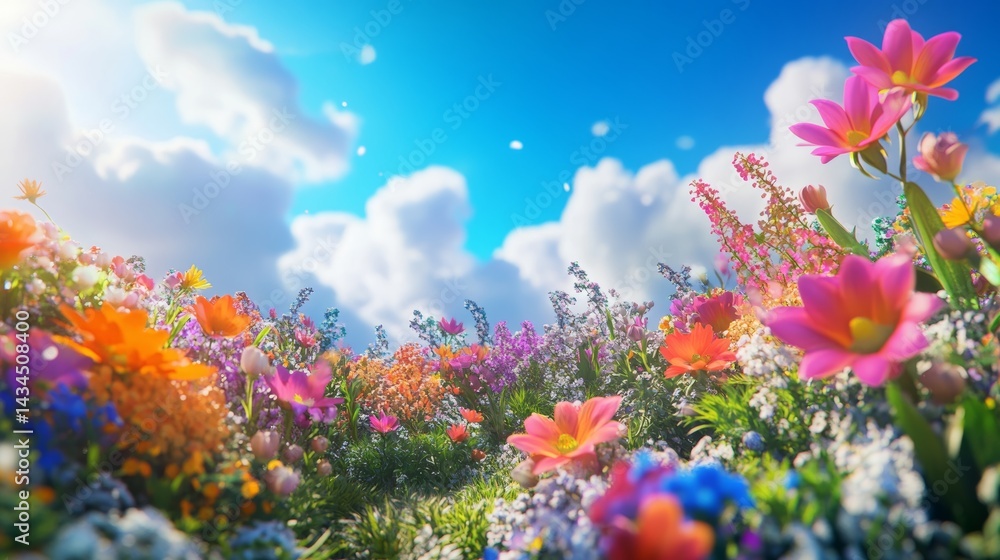 Obraz premium Dreamlike Landscape with a Mystical Garden have Vibrant Flowers and Glowing Nature meadow scenery. 