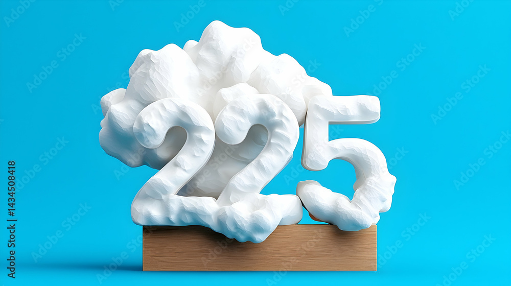 White Cloud Shaped Number 225 on Wooden Base Against Blue Background