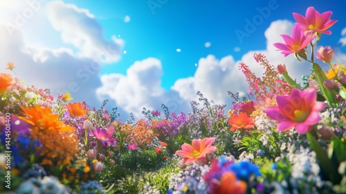 Dreamlike Landscape with a Mystical Garden have Vibrant Flowers and Glowing Nature meadow scenery. 