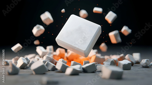 White Cube Exploding into Fragments on Dark Background