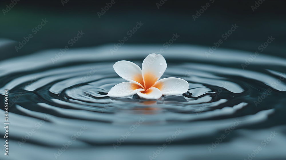 White Flower Floating on Dark Water with Ripples