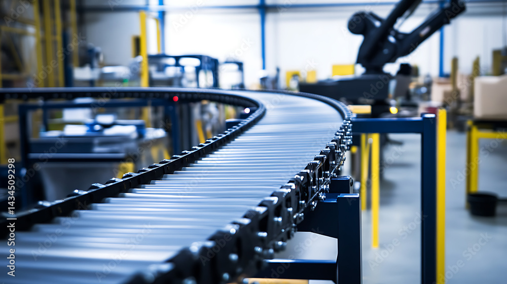 Mechanical arm placing conveyor belts in a factory for heavy machinery assembly, organized workspace and clear tool stations visible, Industrial manufacturing style Mechanical arm placing conveyor belts in a factory for heavy machinery assembly, organized workspace and clear tool stations visible, Industrial manufacturing style