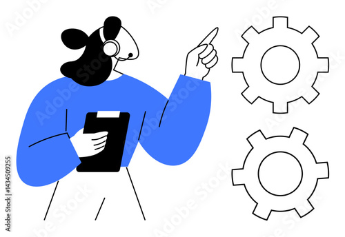 Person wearing headset holding clipboard and pointing at gears, indicating workflow and processes. Ideal for teamwork, customer support, training, planning, communication, skill development, simple