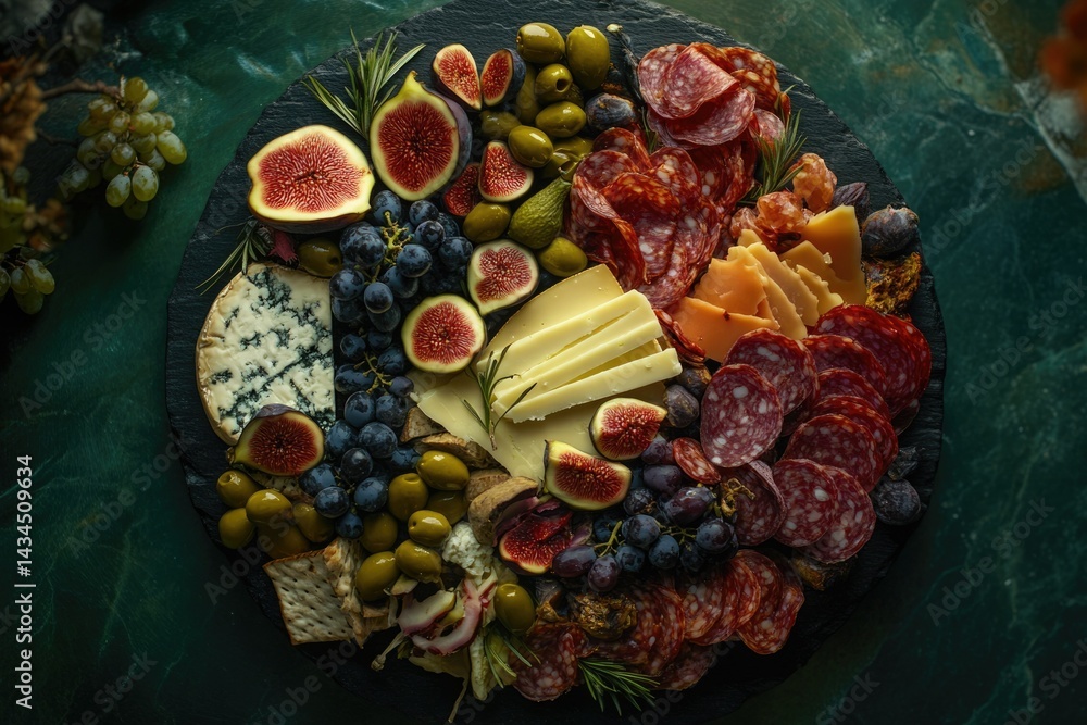 Fototapeta premium A delectable charcuterie board featuring figs, cheeses, salami, olives, and grapes, perfect for a sophisticated gathering.