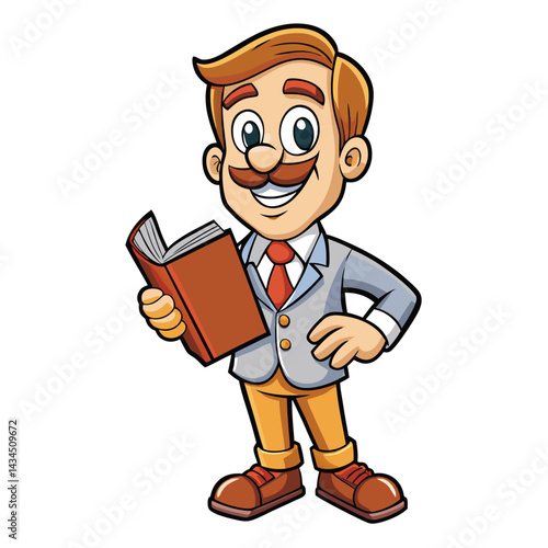 Cartoon character, a man in suit, holding a book