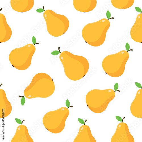 Seamless pattern with fresh ripe pears in flat cartoon style. Vector fruit illustration on white background. Perfect for food packaging, beverage labels, textile, and wallpaper design