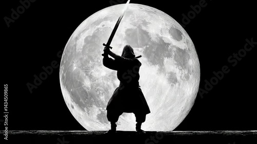 Mysterious hooded warrior holding up sword in front of giant moon at night in silhouette and shadows with glowing blade