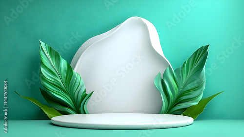 White Podium with Tropical Leaves on Teal Background