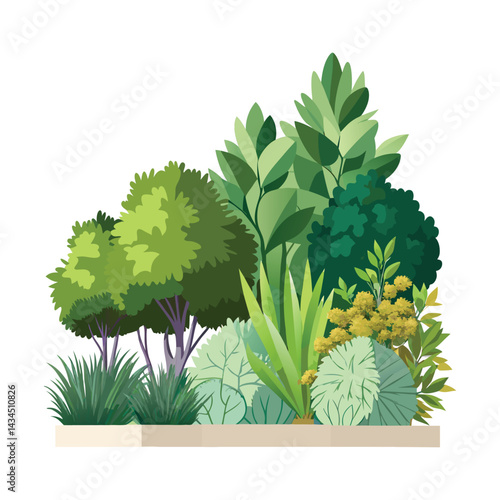 Side View Vector Image of Various Shrubs and Bushy Plants Depicting Natural Undergrowth with Realistic Foliage Patterns for Architectural Section Drawings
