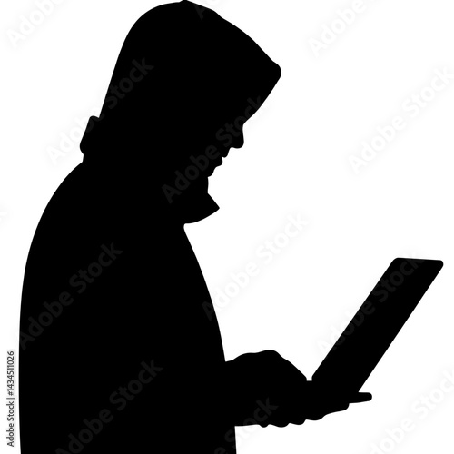 Silhouette of a person in a hooded jacket holding a laptop, represented in black and white against a white background, depicting suspicious activity
