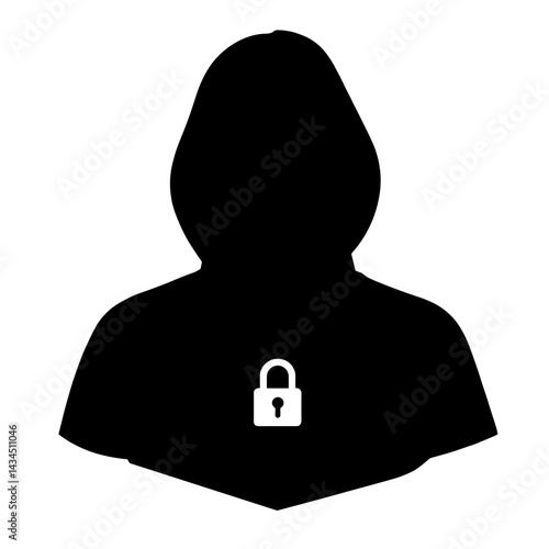 Silhouette of a person wearing a hooded sweatshirt with a padlock symbol on the chest against a white background, depicting themes of security and privacy