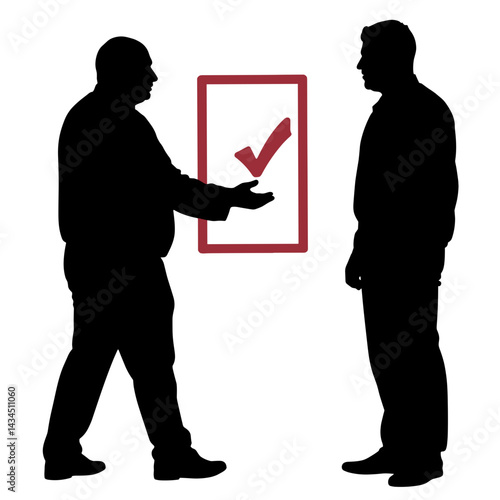 Silhouette of two men discussing with a check mark panel in the background, emphasizing agreement and decision-making