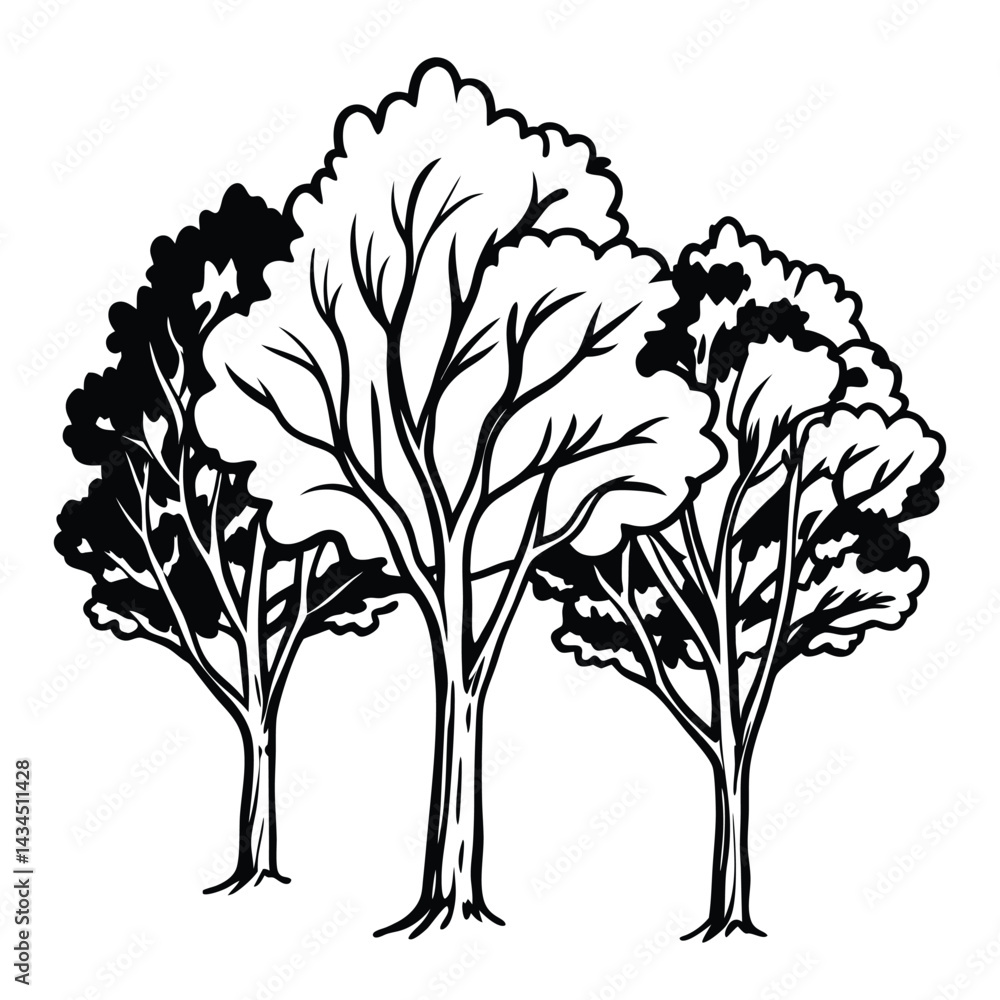 Obraz premium Watercolor Line Art Vector Trees Green Foliage Side View for Landscape and Architectural Drawings, Watercolor Line Art Trees, Green Foliage Vector, Landscape Section Drawing Trees