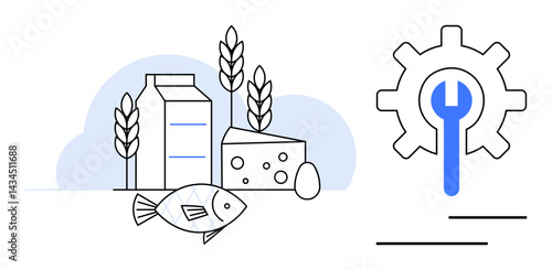 Dairy, grains, cheese, fish, and eggs alongside a gear with a wrench. Ideal for food industry, agriculture, sustainability production efficiency tools maintenance. Flat simple metaphor