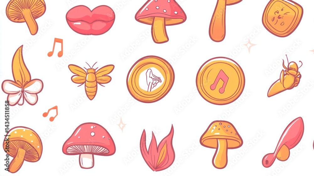 Fototapeta premium Cute whimsical forest elements pattern; nature, music, and fantasy design for website or app