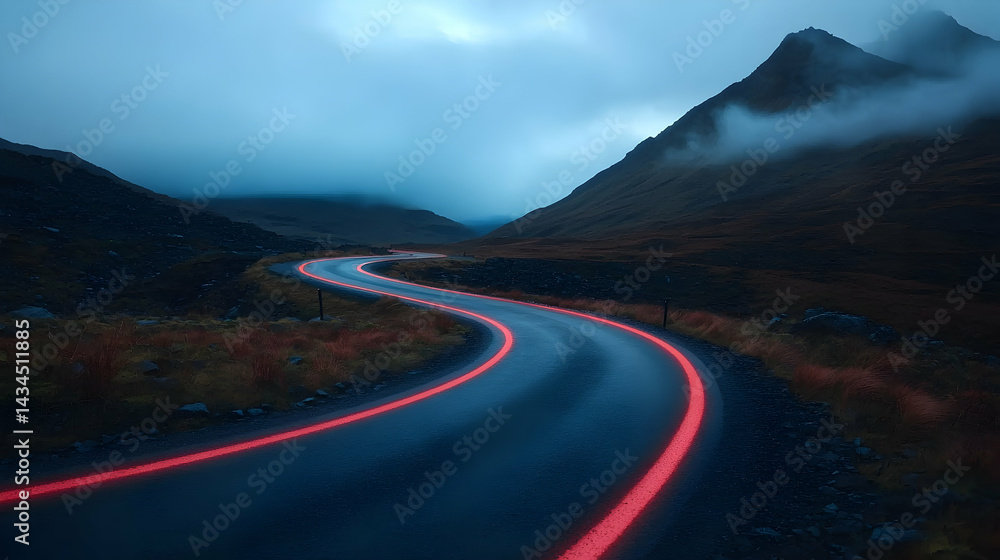 Winding Road at Night with Red Car Light Trails and Misty Mountains