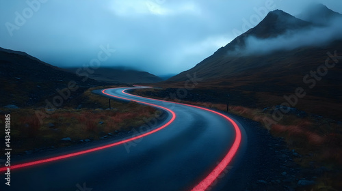 Obraz na płótnie Winding Road at Night with Red Car Light Trails and Misty Mountains w salonie