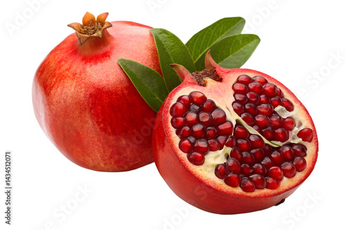Fresh Pomegranate Fruit with Seeds and Green Leaves Isolated on Black Background