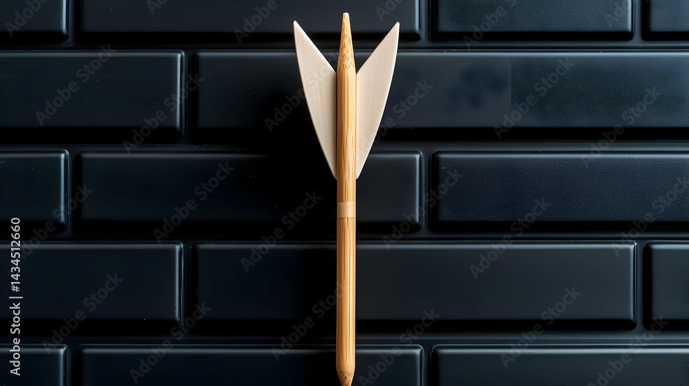 Wooden Arrow on Black Brick Wall Background