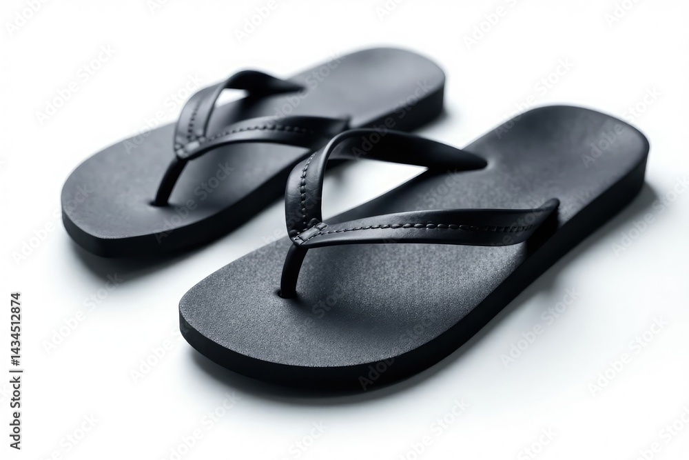 Single black flip-flop on white background, studio shot , clean, sandal, summer footwear Single black flip-flop on white background, studio shot , clean, sandal, summer footwear