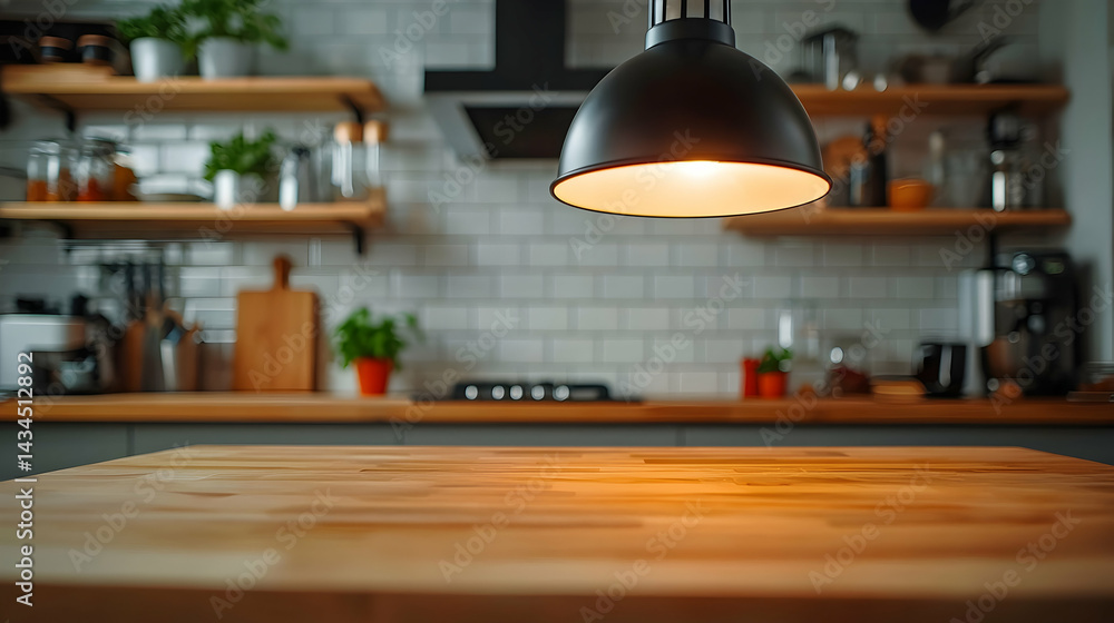 Wooden Table in Modern Kitchen Interior with Warm Lighting