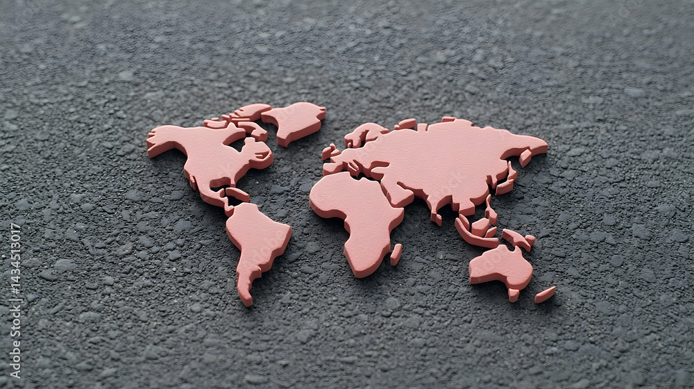 World Map on Asphalt Road: A 3D Brown Map Model
