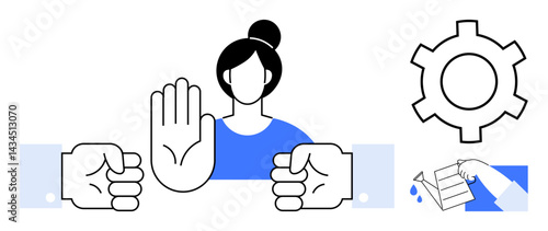 Woman stopping conflict by raising hand between opposing fists. Gear represents process document signifies form or agreement. Ideal for teamwork, conflict resolution, communication, negotiation