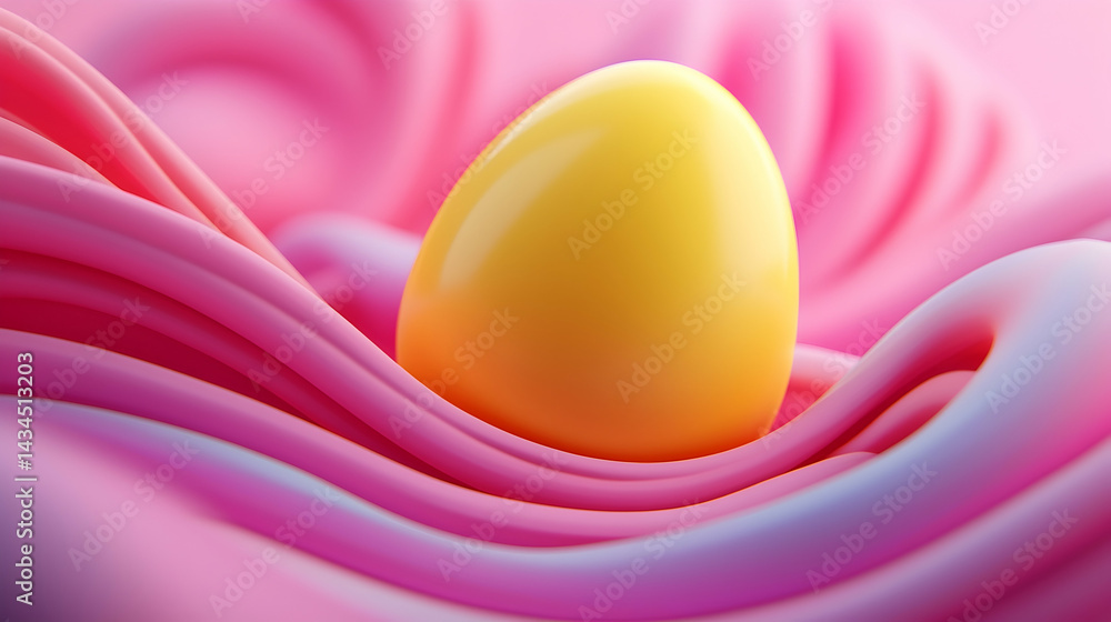 Yellow And Pink Easter Egg Levitating On Soft Pink Fabric