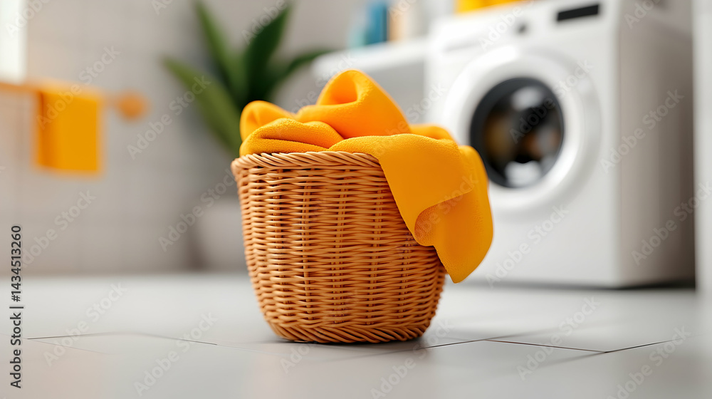 Yellow Clothes in Wicker Laundry Basket in Bright Room
