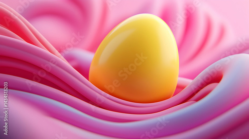 Obraz na płótnie Yellow And Pink Easter Egg Levitating On Soft Pink Fabric w salonie