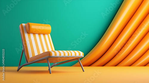 Yellow and White Striped Lounge Chair on Orange and Teal Background