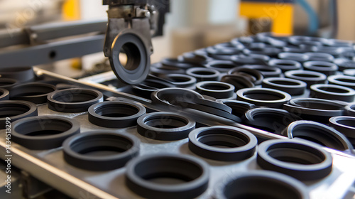 Mechanical arm processing rubber seals in a modern gasket production plant, trays of finished parts aligned, Sealing tech style