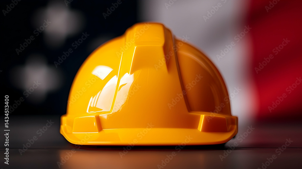 Yellow Hard Hat on Dark Surface with Blurred Flag Background