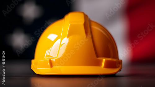 Obraz na płótnie Yellow Hard Hat on Dark Surface with Blurred Flag Background w salonie