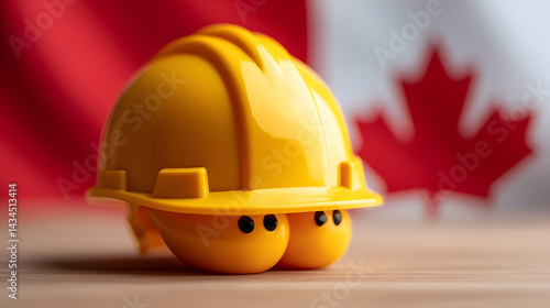 Obraz na płótnie Yellow Hard Hat Miniature Against Canadian Flag Background w salonie