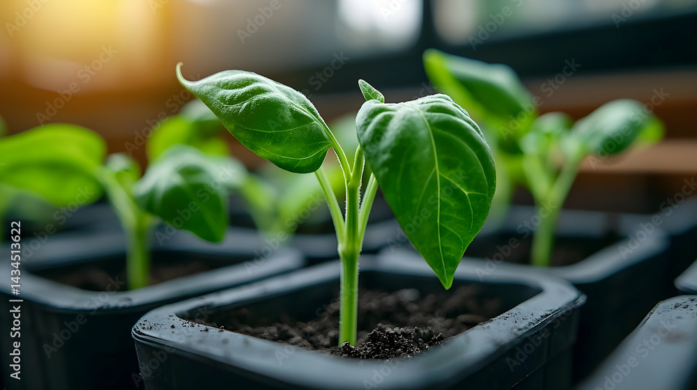 Young Pepper Plants Growing in Dark Pots