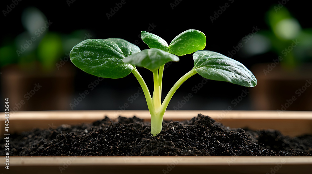 Young Green Plant Sprouting in Dark Soil