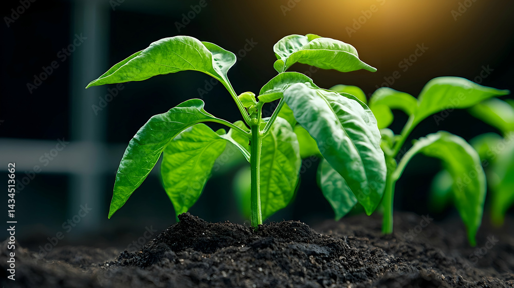 Young Pepper Plants Growing in Rich Soil