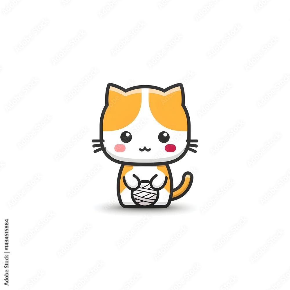 Obraz premium A cute cartoon cat with orange and white fur, holding a ball of yarn. This adorable character embodies playful energy and charm, perfect for pet-related designs or illustrations.