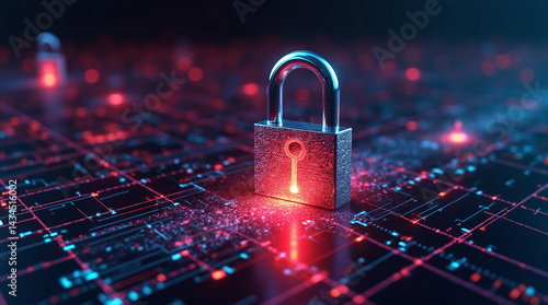 A security breach concept: glowing warning signs and data streams leaking through a vibrant glowing chrome padlock