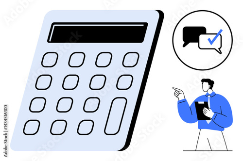 Calculator highlighting arithmetic focus with speech bubbles featuring checklist. Professional presenting ideas involving analysis, planning, decision-making, finance, education, and organization